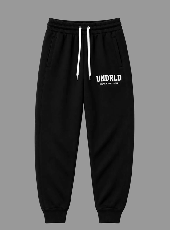 Undrld Vision Joggers PRE-ORDER in all black, featuring white logo for stylish everyday wear.