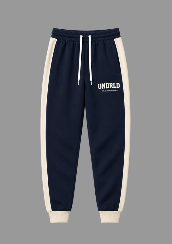 Undrld Vision Joggers PRE-ORDER in navy blue and cream, designed for style and functionality.
