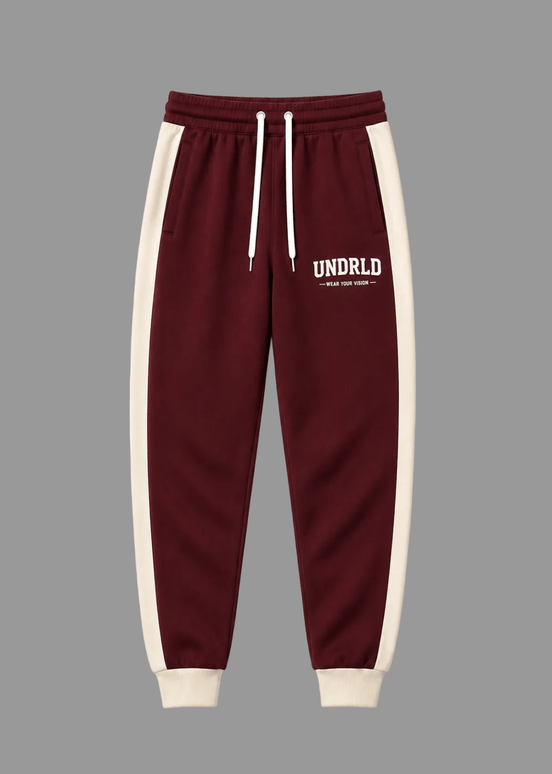 Undrld Vision Joggers PRE-ORDER in Burgundy & Cream, designed for stylish everyday wear with comfort.