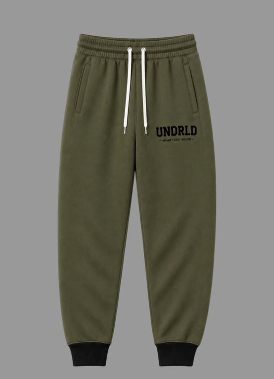 Undrld Vision Joggers PRE-ORDER in Olive Green with black logo, perfect for style and functionality, available for pre-order.